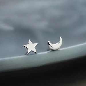 925 Silver Moon and Star Stud Earrings